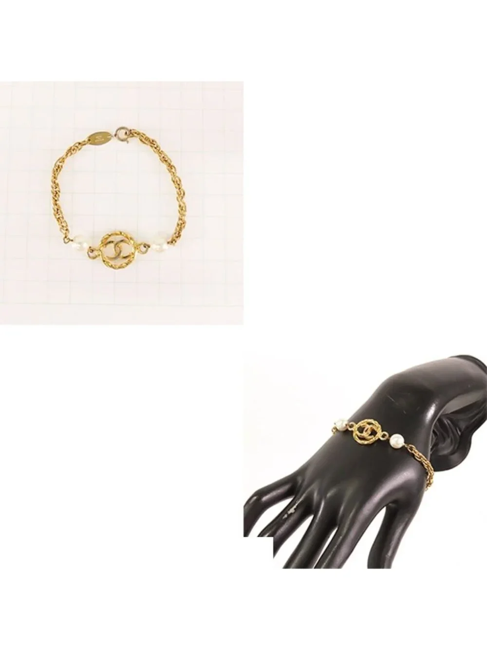Chanel CC Logo Chain Bracelet Gold Metal Costume Pearl